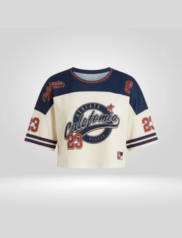 Remera Crop Deportiva Crema con Azul